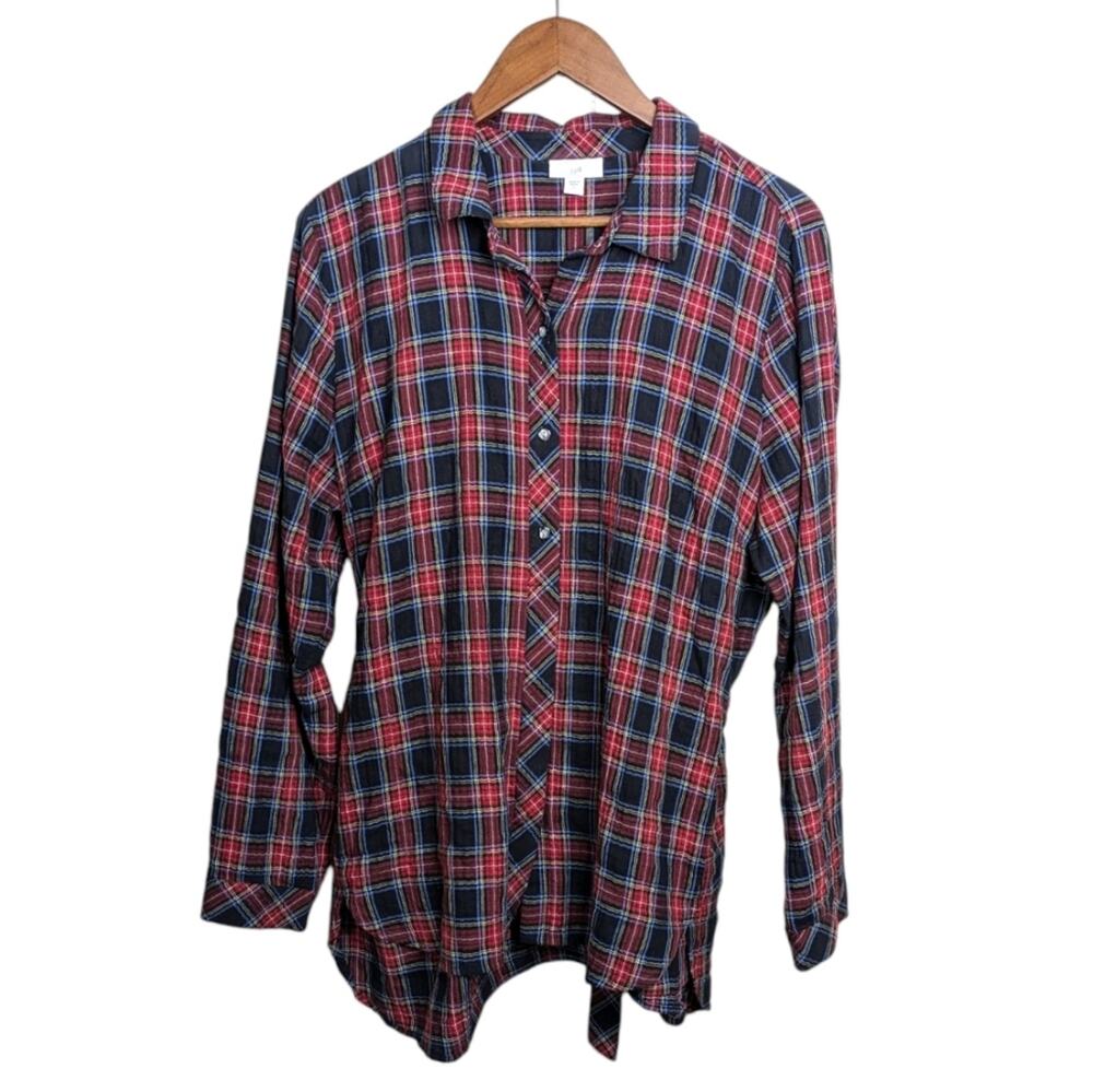 J. Jill Tartan Plaid Belted Shirt Dress Large Red Blue Button Holiday Classic